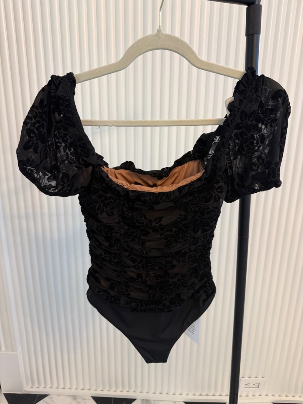 MAJORELLE Black Floral Velvet Puff-Sleeve Bodysuit with Nude Lining